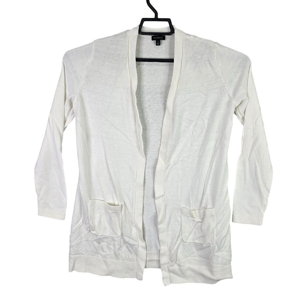 Womens Talbots White Open Front Long Cardigan Sweater Pockets Cashmere Blend S